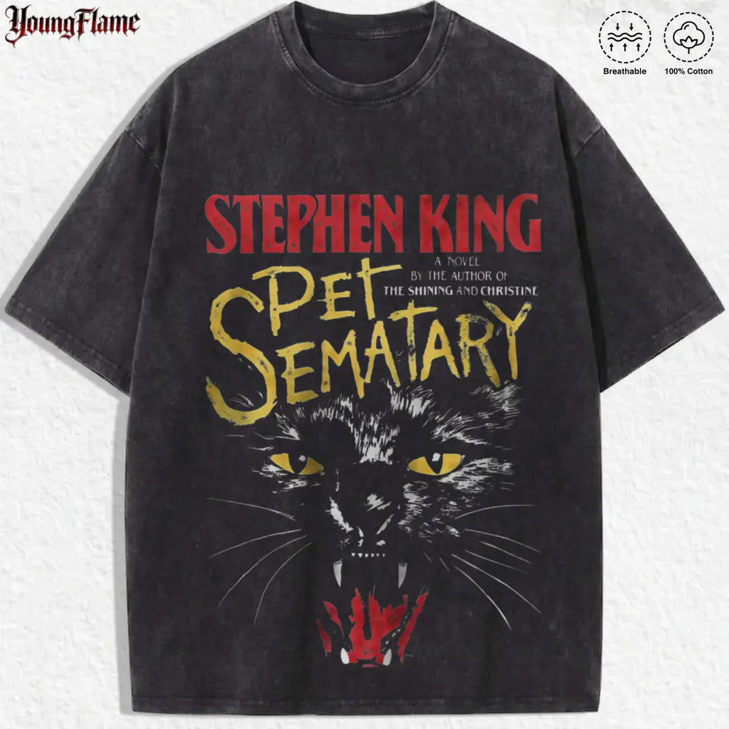 Creepy Black Cat Thriller graphic tee | Vintage Book t shirt | Grunge streetwear y2k clothing | Cool fathers day gift ideas good graphic tee fashionable t-shirt acid wash clothes Casual Menswear