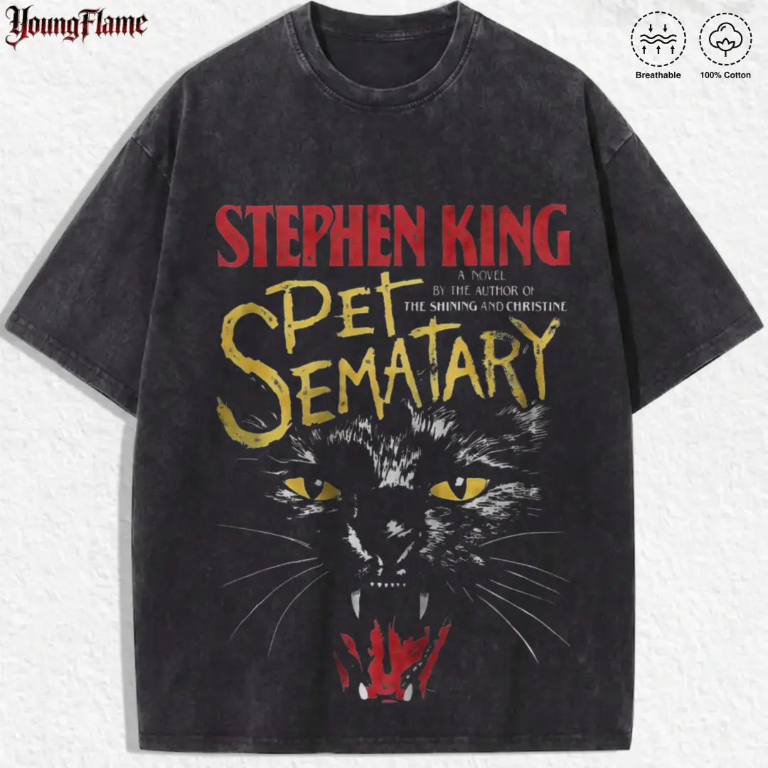 Creepy Black Cat Thriller graphic tee | Vintage Book t shirt | Grunge streetwear y2k clothing | Cool fathers day gift ideas good graphic tee fashionable t-shirt acid wash clothes Casual Menswear
