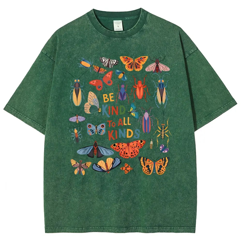 Men's Unisex Vintage 90s "Be Kind To All Kinds Insect Bugs" Graphic Top, Casual Fabric T-Shirt, Oversized Streetwear Vacation Outfit