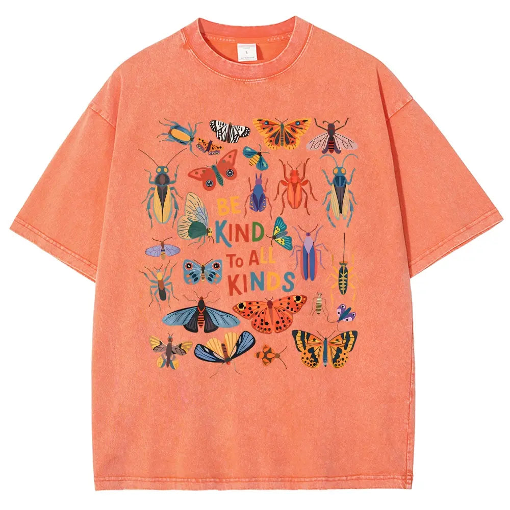 Men's Unisex Vintage 90s "Be Kind To All Kinds Insect Bugs" Graphic Top, Casual Fabric T-Shirt, Oversized Streetwear Vacation Outfit