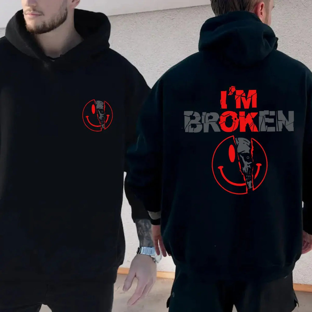 Unisex Cotton Graphic Round Neck Sweatshirt - 2-Sided 'I'm Broken' Smile Face Digital Print, Loose-Fitting T-Shirt, Long Sleeve Sporty Chic Garment, Customized All-Season Casual Streetwear, Machine Washable