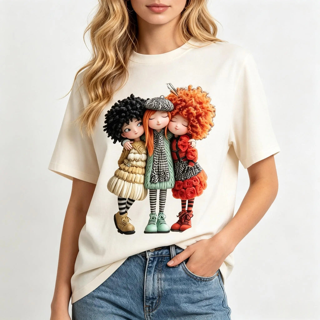 Women's Plus Size Cotton Short Sleeve T-Shirt - Cute Oversized 3 BFF Doll Cartoon Print, Soft Breathable Loose Fit, Retro 90s Vibes Squad Wear, Affordable Aesthetic Basics for Casual Summer Outfits, Cute Tops for Women