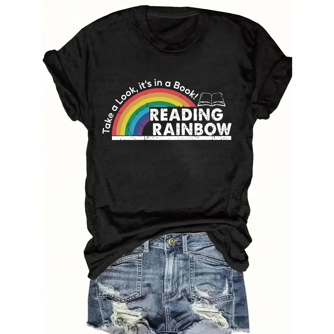 Women's Fitted Cotton Crew Neck Short-Sleeve Rainbow Tee - Soft Breathable Casual Summer Top with Vibrant Print, Vivid HD Print, Retro Style for Reading Lovers, Valentine's Day Party Streetwear