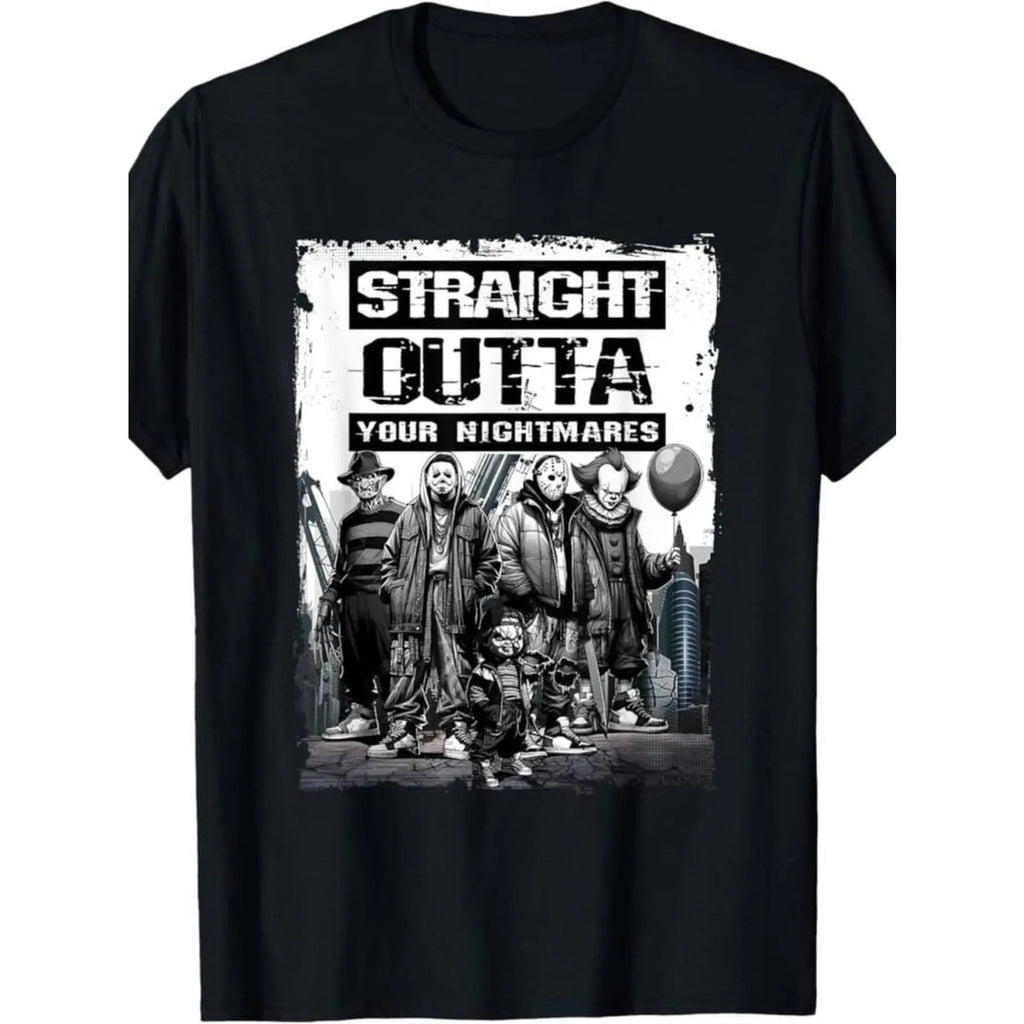 Straight Outta Nightmares" Men's Vintage Horror Halloween T-Shirt - 100% Cotton Casual Round Neck gifts