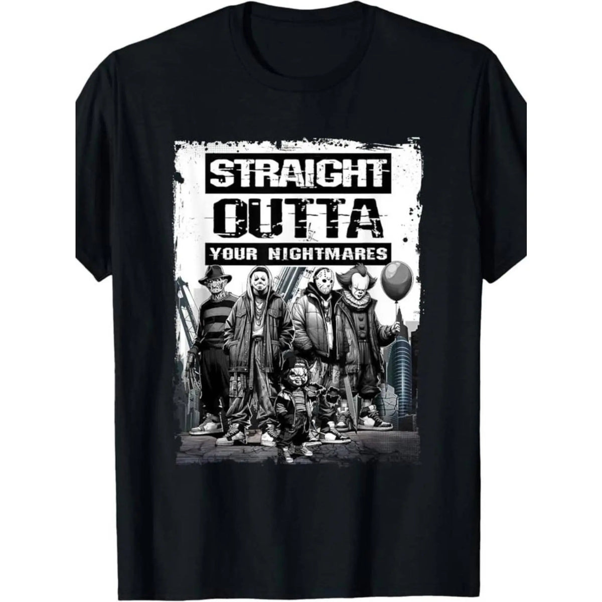 Straight Outta Nightmares" Men's Vintage Horror Halloween T-Shirt - 100% Cotton Casual Round Neck gifts