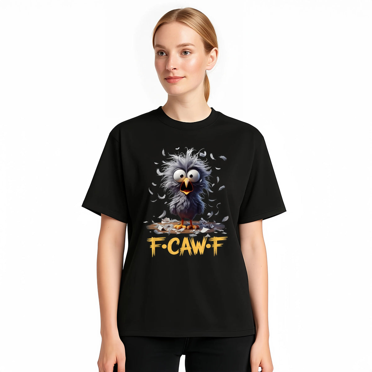 Women's Pure Cotton Graphic T-Shirt, Streetwear Top with Funny Comic Art Print, Comfortable Loose Fit Short Sleeve Tee for Everyday Wear, Piece, Fabric, Cartoon Humor, F-Caw-F, Shortsleeve, Casual, Clothes, Round Neck
