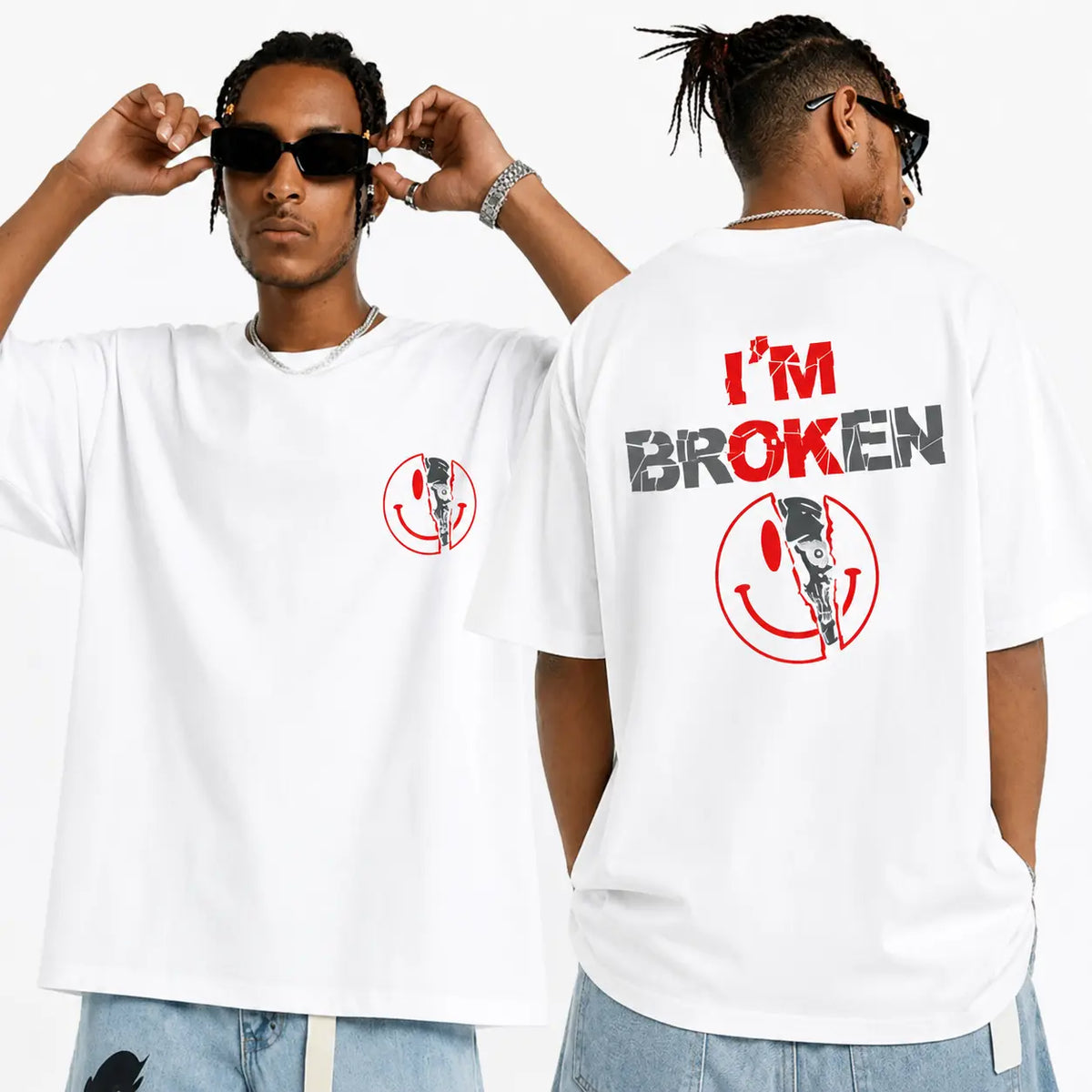 Unisex Cotton Graphic Round Neck Sweatshirt - 2-Sided 'I'm Broken' Smile Face Digital Print, Loose-Fitting T-Shirt, Long Sleeve Sporty Chic Garment, Customized All-Season Casual Streetwear, Machine Washable