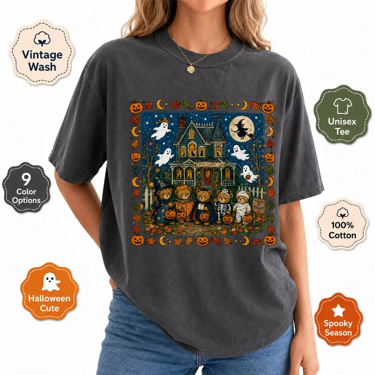 ChicCotton Vintage 90s Bears Halloween Comfort Colors Shirt, Trick or Treat Bears T-shirt, Haunted House Graphic Tee, Pumpkin Lover Gift Clothing