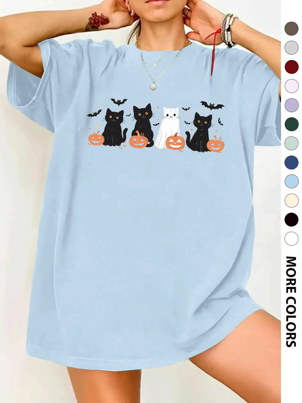 Women's Halloween Themed Cartoon Cat, Bat & Pumpkin Print Round Neck Tee, Cute Casual Fashion Fitted Drop Shoulder Short Sleeve T-shirt for Daily Wear, Ladies Clothes for All Seasons
