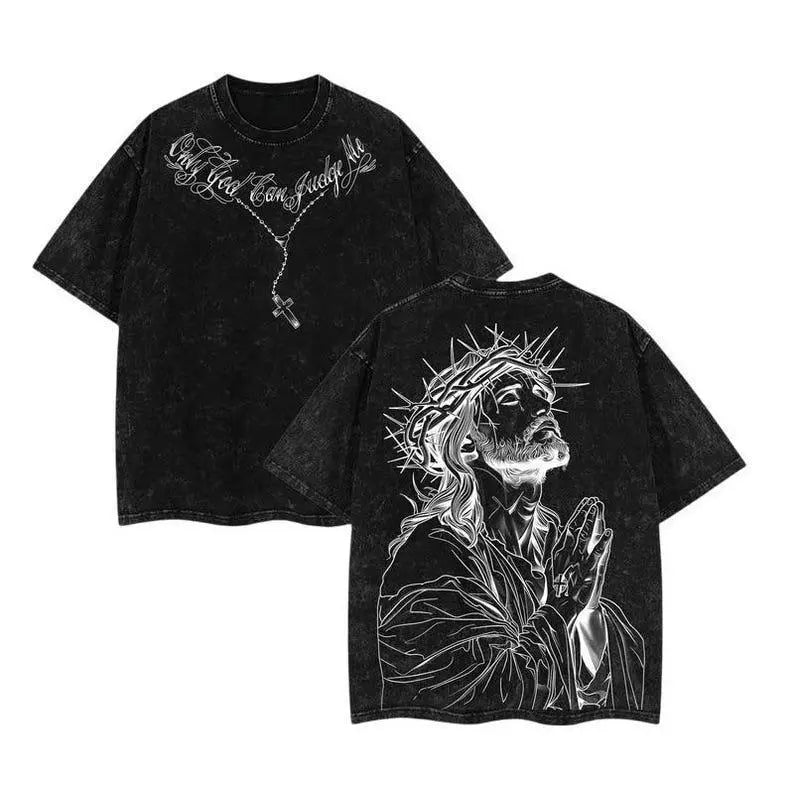 Men's Vintage Washed Oversized Round Neck Cotton T-Shirt - Bold Jesus Graphic, Distressed Christian Clothing, Basic Faith-Based Fashion, Casual Short-Sleeve Holiday Summer Top