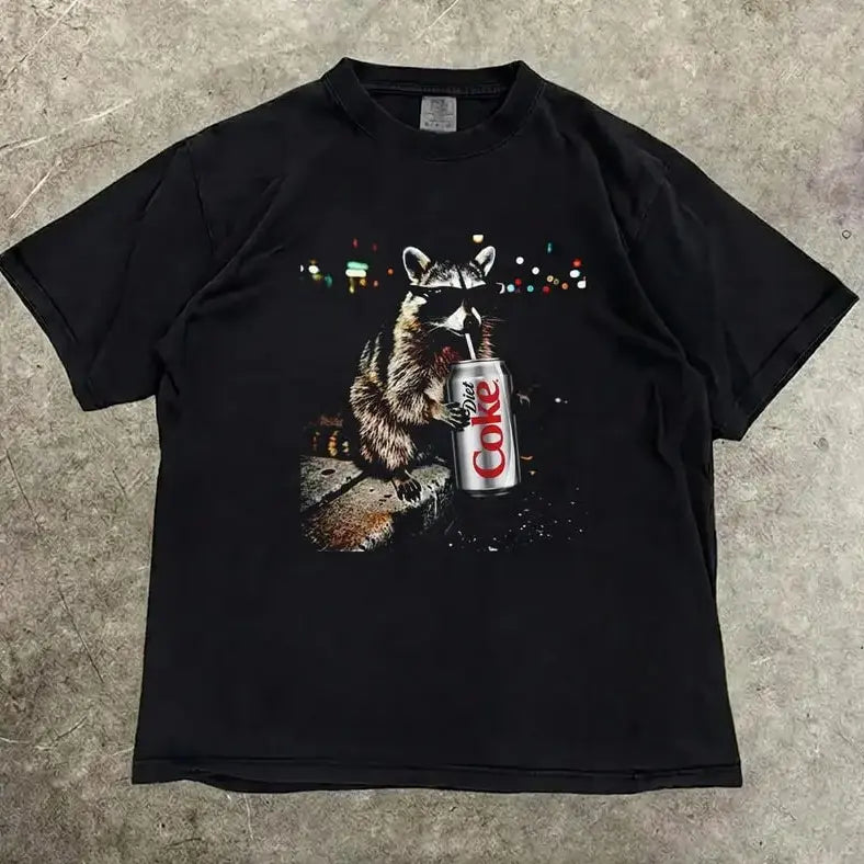 Three Raccoons Diet Coke Comfort Colors T-Shirt with a funny Gen Z dank meme vibe, trendy cotton streetwear top and playful graphic gift for men and women alike.