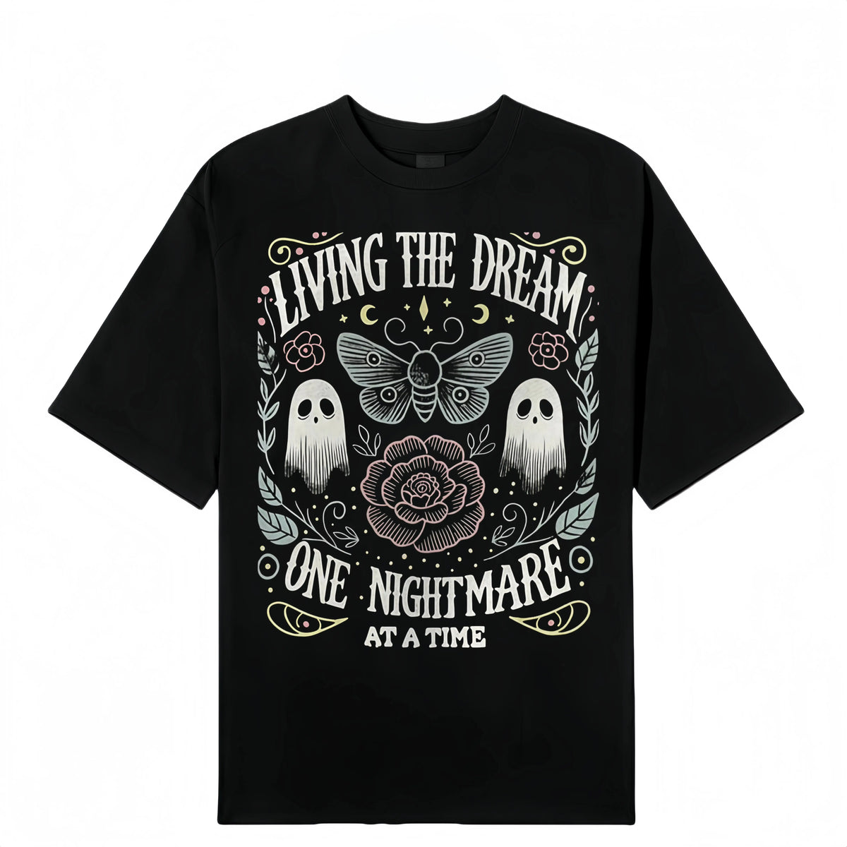 Women's Soft Fabric Vintage-Inspired Streetwear Short-Sleeve T-Shirt - "Living The Dream 1 Nightmare At A Time" Graphic, Loose Casual Chic Everyday Tee, Spring Glow Up, Outdoor Fun, Shortsleeve,summerwins,summeroutfits,vacationoutfits,beachoutfits summerv