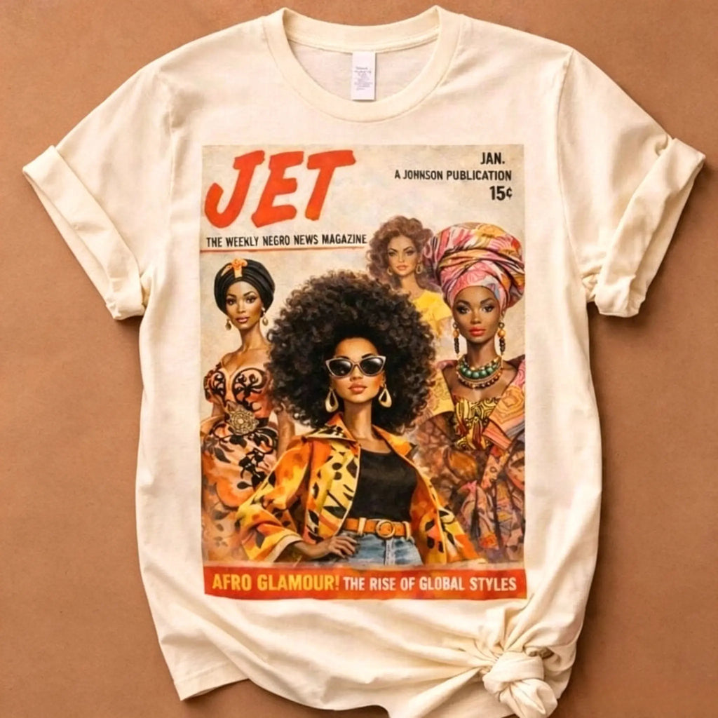 Women's Casual Short-Sleeve Cotton Fabric Fit Afrocentric Vintage Magazine Graphic T-Shirt - Glamour Fall Art Tee Gift