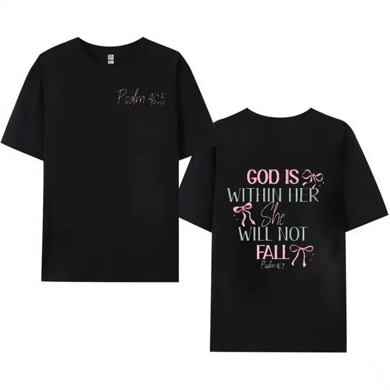 230g Washed Cotton T-Shirt - Dual-Sided Inspirational Design "GOD IS WITHIN HER SHE WILL NOT FALL" & Psalm 46:5, Retro Vintage Loose Fit Unisex Top for Men & Women, Spring Summer Casual Wear Streetwear Tees