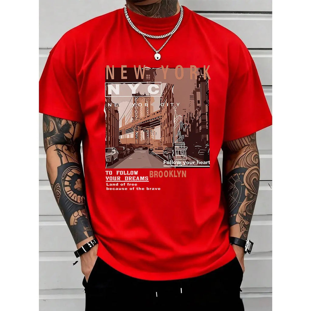 Men's Retro Brooklyn Cotton Graphic Tee - Casual Streetwear Crewneck Short-Sleeve Top, Regular Fit, Urban Daily Wear, All Season, Juneteenth Vintage Print, Ideal for Summer Outfits, Menswear Veterans Day Apparel