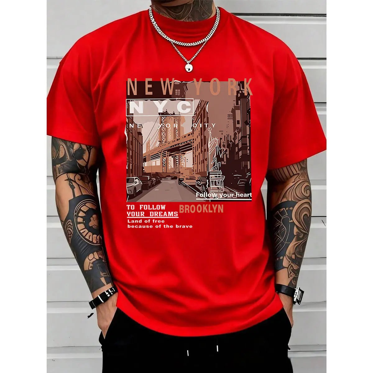 Men's Retro Brooklyn Cotton Graphic Tee - Casual Streetwear Crewneck Short-Sleeve Top, Regular Fit, Urban Daily Wear, All Season, Juneteenth Vintage Print, Ideal for Summer Outfits, Menswear Veterans Day Apparel