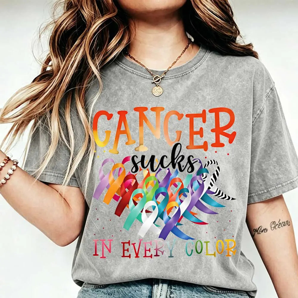 Cancer Sucks In Every Color Ribbon Awareness Print T Shirt Women Casual Short Sleeve Top