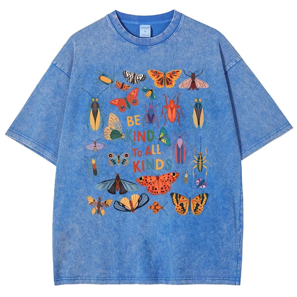 Men's Unisex Vintage 90s "Be Kind To All Kinds Insect Bugs" Graphic Top, Casual Fabric T-Shirt, Oversized Streetwear Vacation Outfit