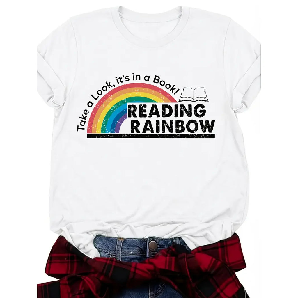 Women's Fitted Cotton Crew Neck Short-Sleeve Rainbow Tee - Soft Breathable Casual Summer Top with Vibrant Print, Vivid HD Print, Retro Style for Reading Lovers, Valentine's Day Party Streetwear