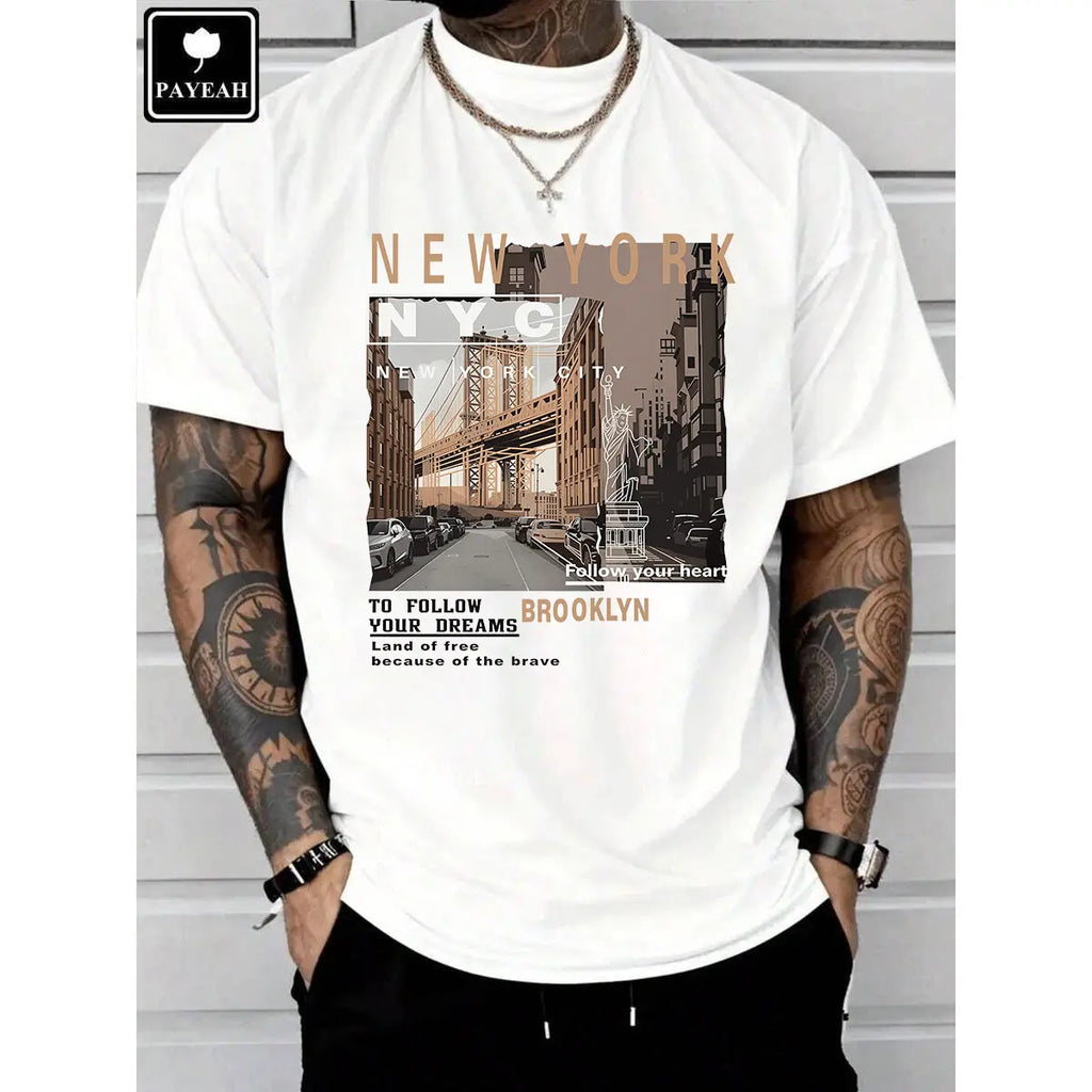 Men's Retro Brooklyn Cotton Graphic Tee - Casual Streetwear Crewneck Short-Sleeve Top, Regular Fit, Urban Daily Wear, All Season, Juneteenth Vintage Print, Ideal for Summer Outfits, Menswear Veterans Day Apparel