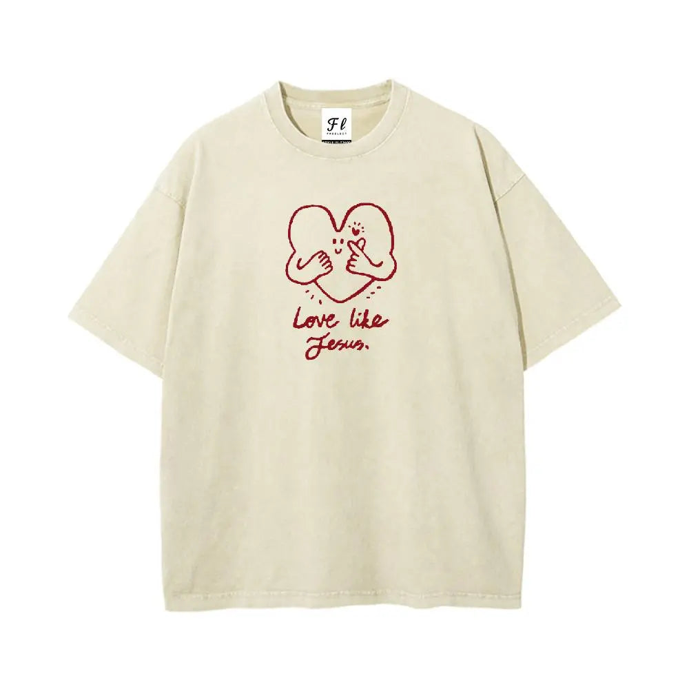 Women's Unisex Fit Round Neck Christian "Love Like Jesus" Hot Stamping Love Message Print Washed Cotton T-Shirt - Casual Fashion Apparel, Lightweight Breathable Short Sleeve Daily Wear Top