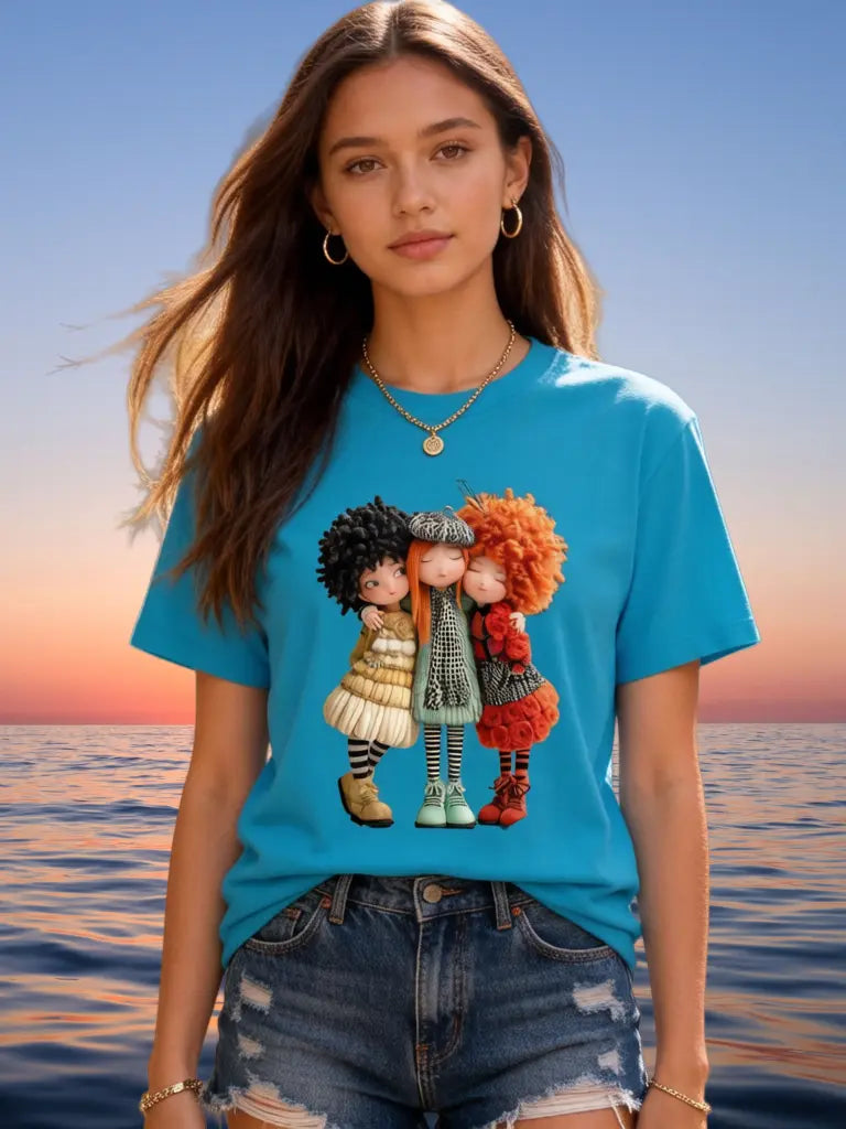 Women's Plus Size Cotton Short Sleeve T-Shirt - Cute Oversized 3 BFF Doll Cartoon Print, Soft Breathable Loose Fit, Retro 90s Vibes Squad Wear, Affordable Aesthetic Basics for Casual Summer Outfits, Cute Tops for Women