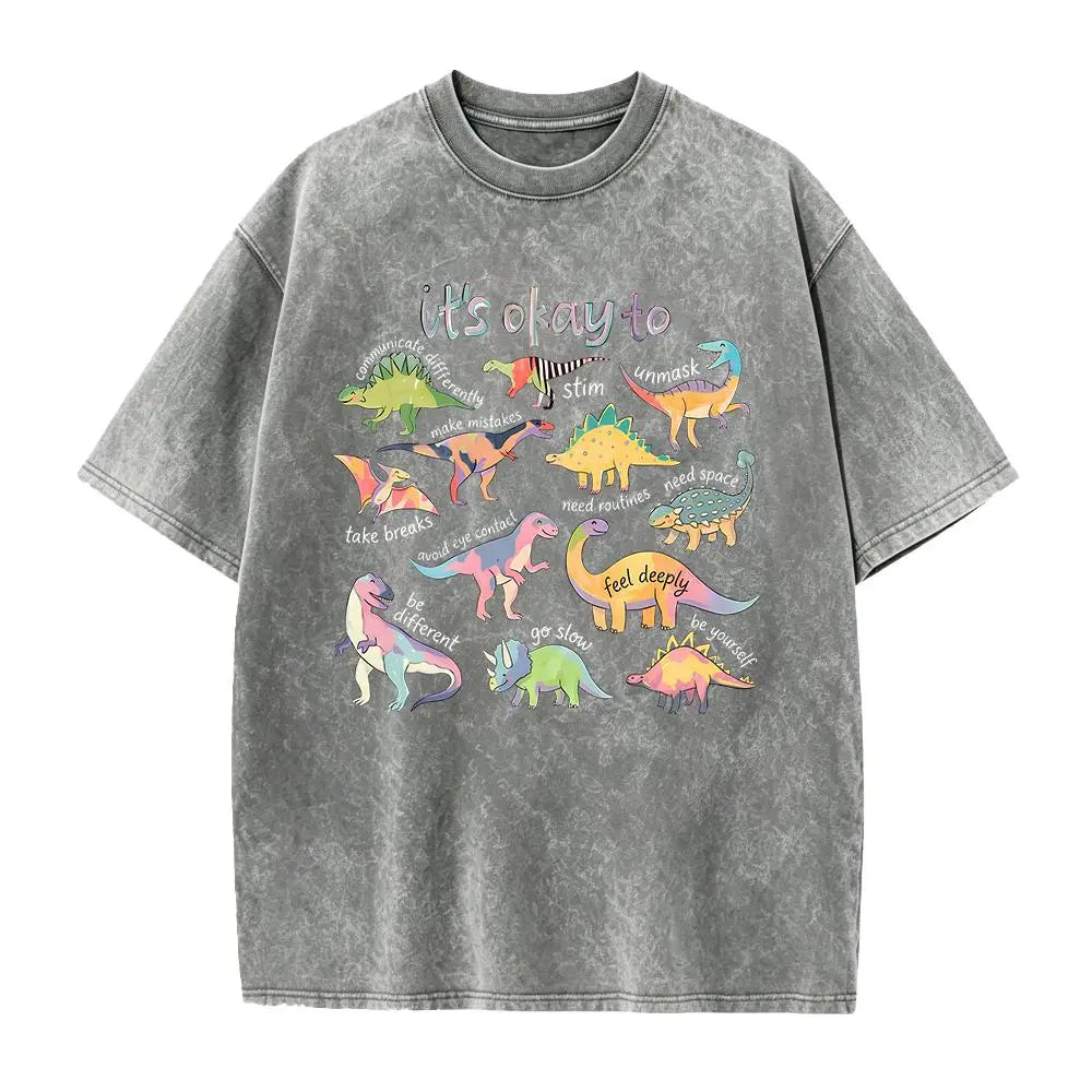 Women's Fitted Short-Sleeve Autism Awareness T-Shirt - Smooth, Seamless Fabric, Vibrant Graphics, "It’s Ok To Be Different" Dinosaur Design, Neurodiversity Gift for SPED Teachers