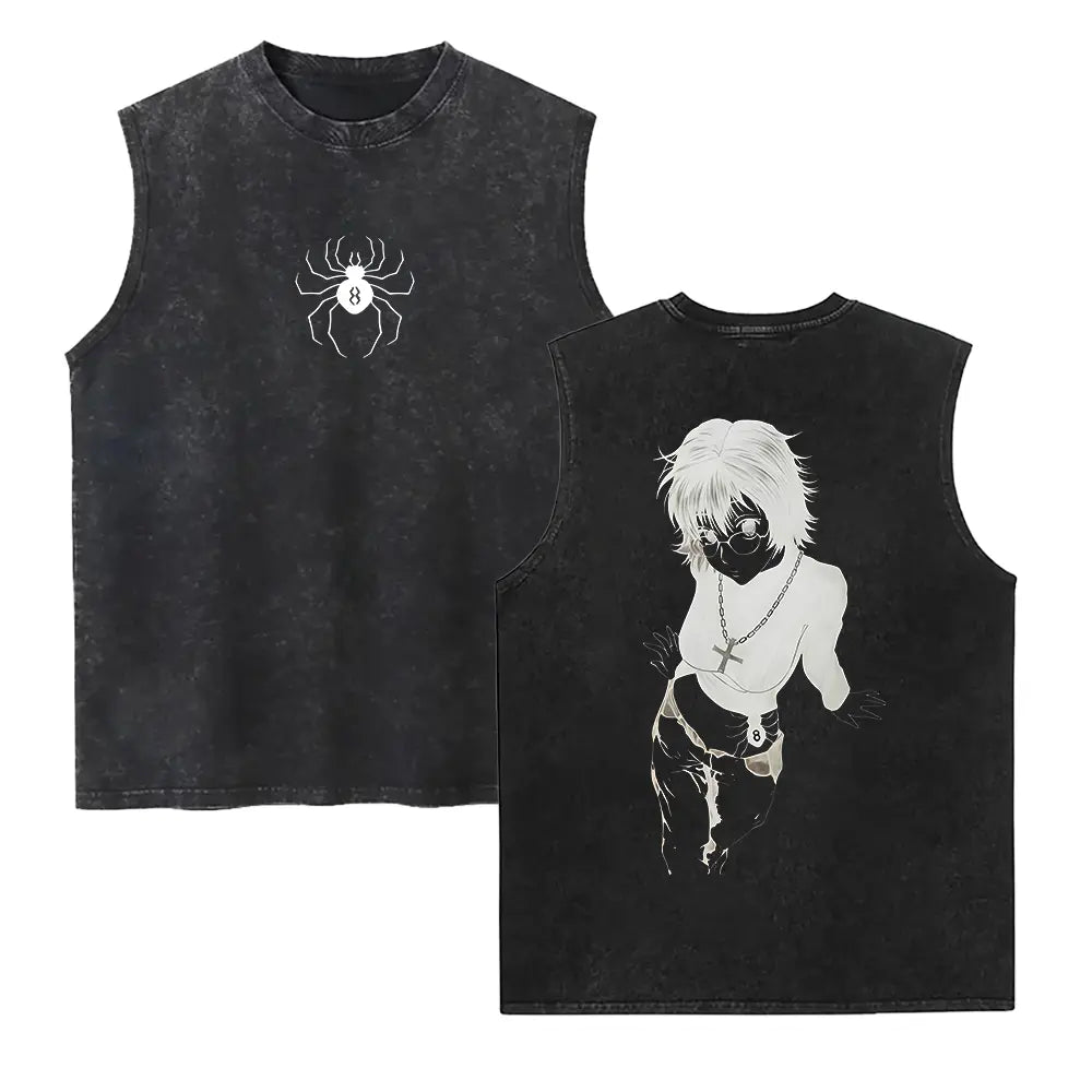 Men's Hunter X Hunter Shizuku Graphic T-Shirt - 100% Heavyweight Cotton, Vintage Washed, Ribbed Elastic Knit, Short-Sleeve, Loose Baggy Fit, Casual Anime Merchandise, Round Neck Graphic Shirt, Size L