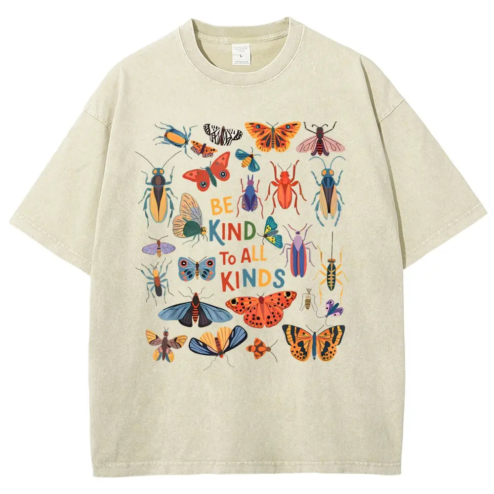 Men's Unisex Vintage 90s "Be Kind To All Kinds Insect Bugs" Graphic Top, Casual Fabric T-Shirt, Oversized Streetwear Vacation Outfit