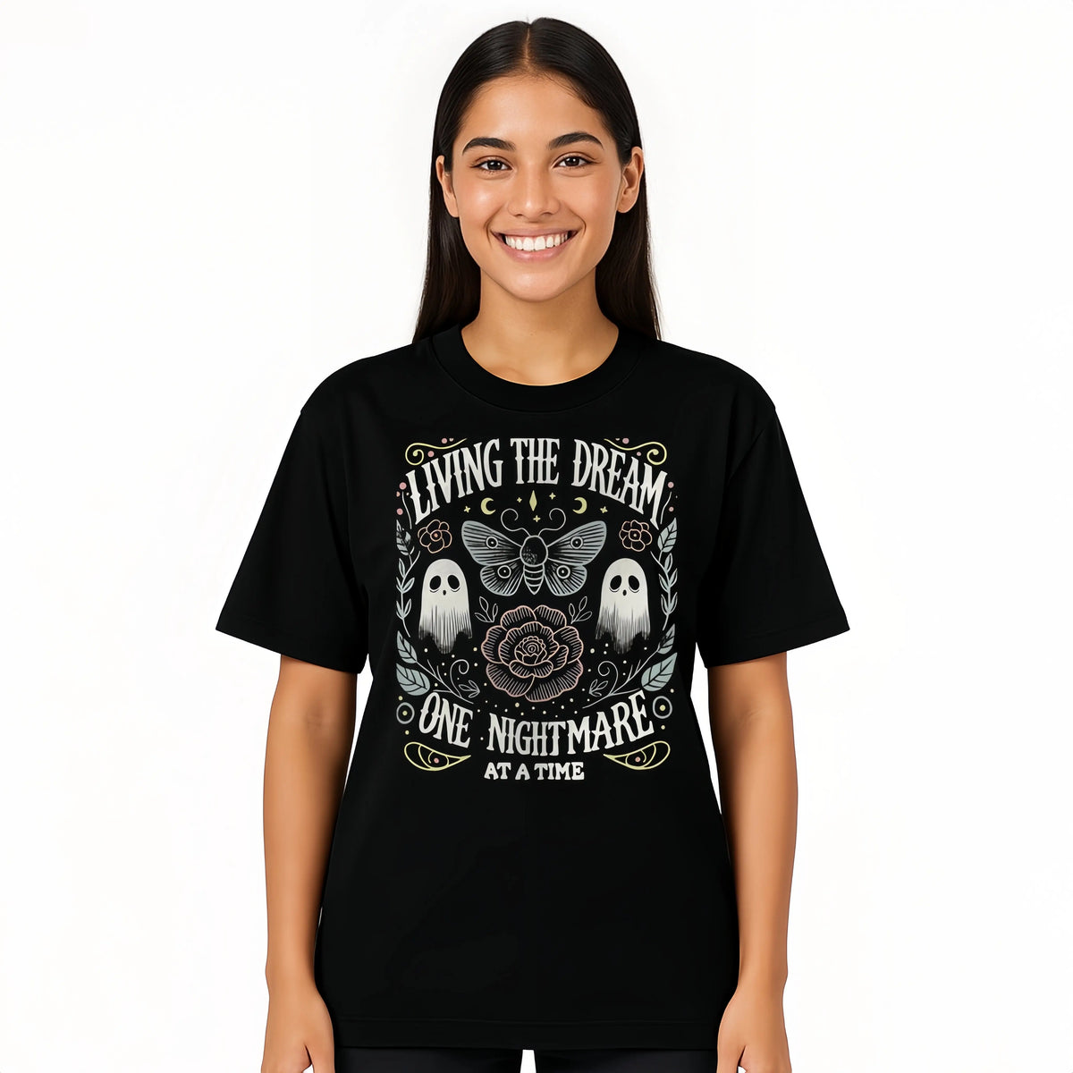 Women's Soft Fabric Vintage-Inspired Streetwear Short-Sleeve T-Shirt - "Living The Dream 1 Nightmare At A Time" Graphic, Loose Casual Chic Everyday Tee, Spring Glow Up, Outdoor Fun, Shortsleeve,summerwins,summeroutfits,vacationoutfits,beachoutfits summerv