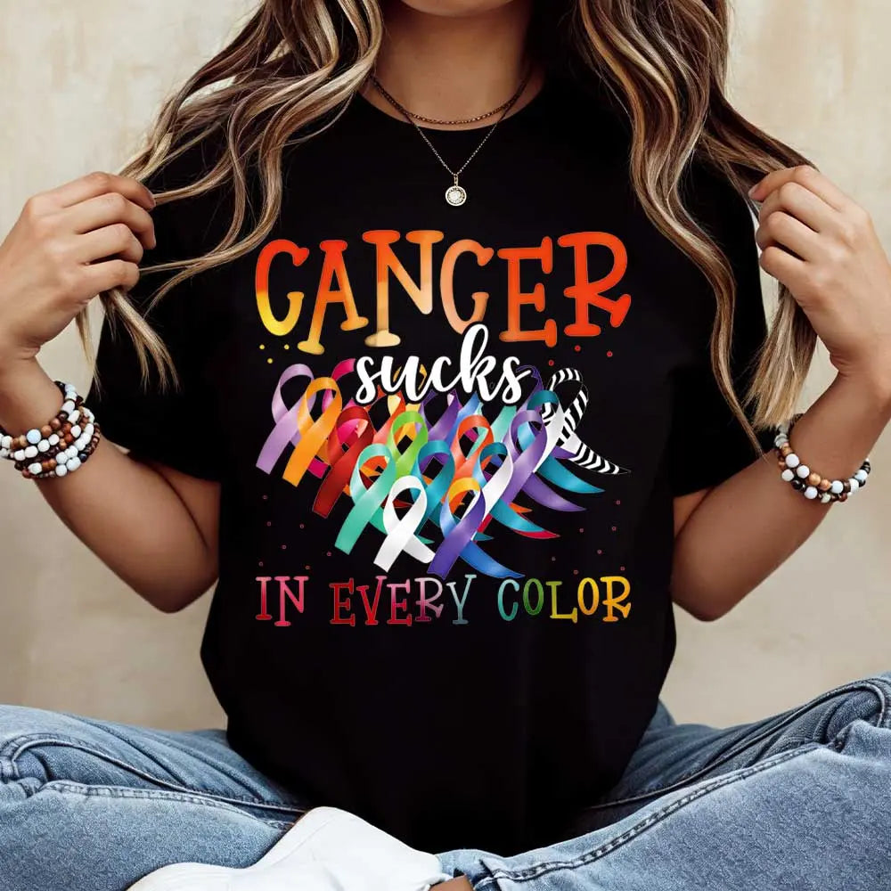 Cancer Sucks In Every Color Ribbon Awareness Print T Shirt Women Casual Short Sleeve Top