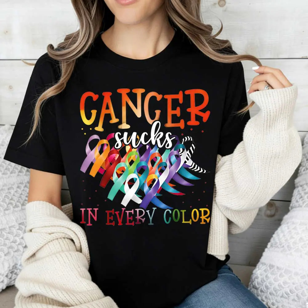 Cancer Sucks In Every Color Ribbon Awareness Print T Shirt Women Casual Short Sleeve Top