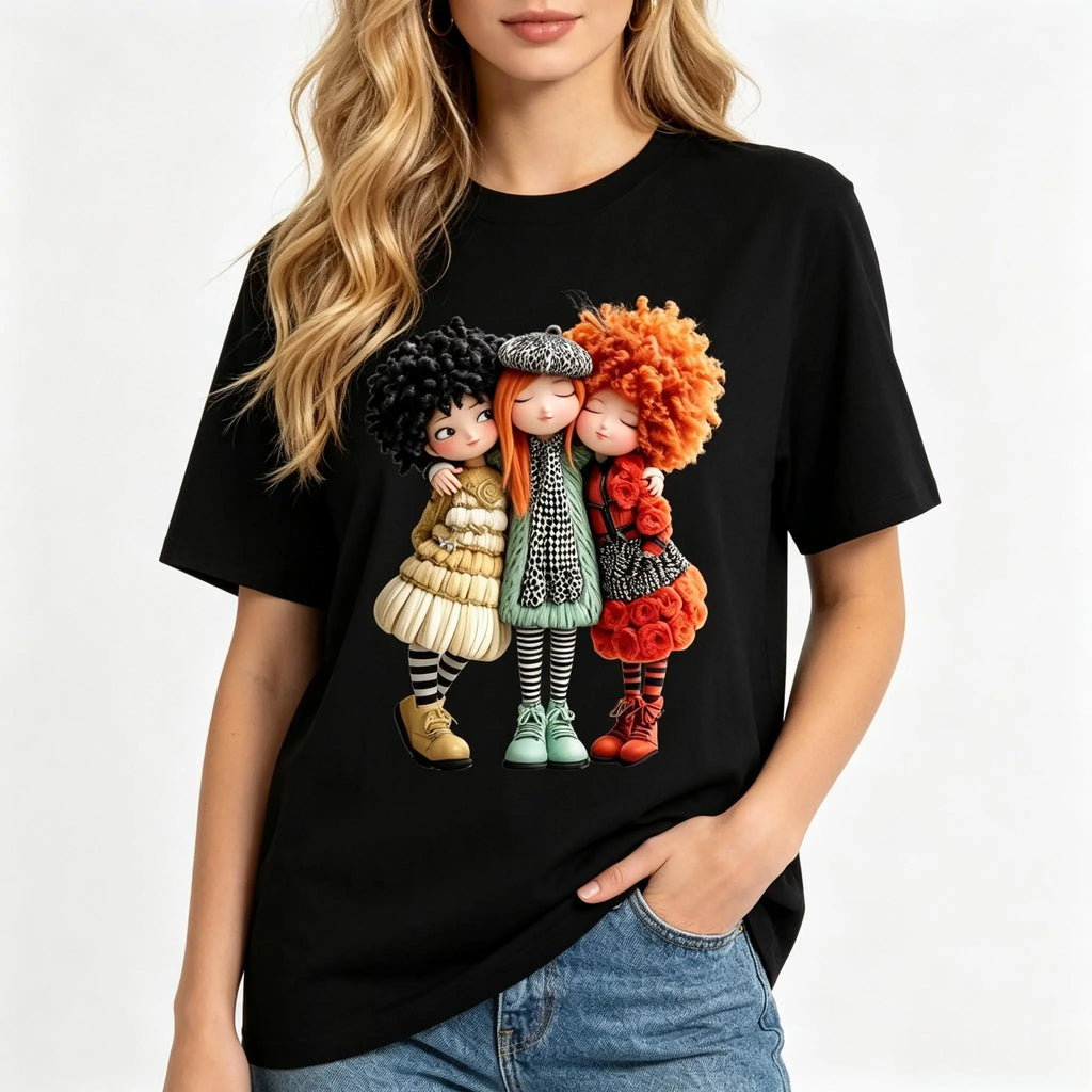 Women's Plus Size Cotton Short Sleeve T-Shirt - Cute Oversized 3 BFF Doll Cartoon Print, Soft Breathable Loose Fit, Retro 90s Vibes Squad Wear, Affordable Aesthetic Basics for Casual Summer Outfits, Cute Tops for Women