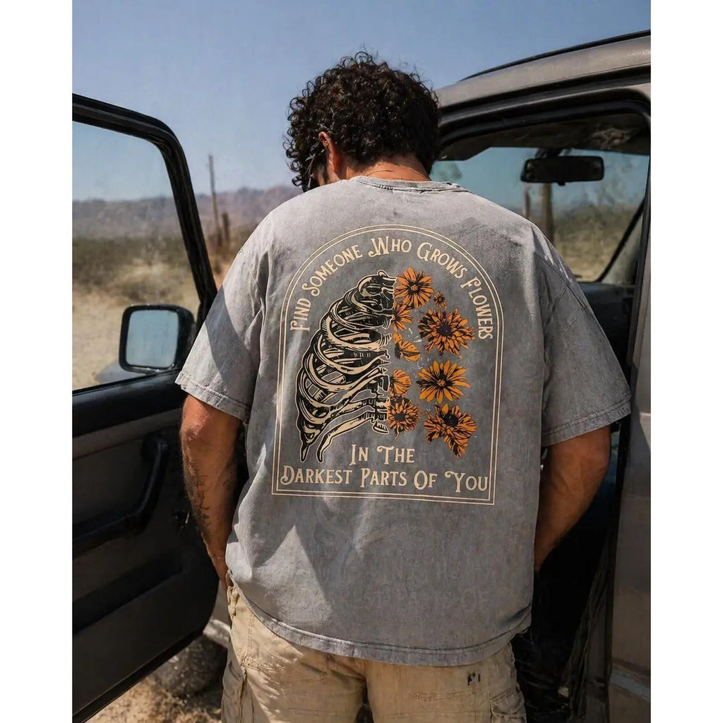 Men's Shortleeve Sunflower Graphic T-Shirt - 230g 100% Soft Washed Cotton, Round Neck, Digital Print, Vivid Color Hold, Casual All-Season Men's Clothing, Graphic Tops