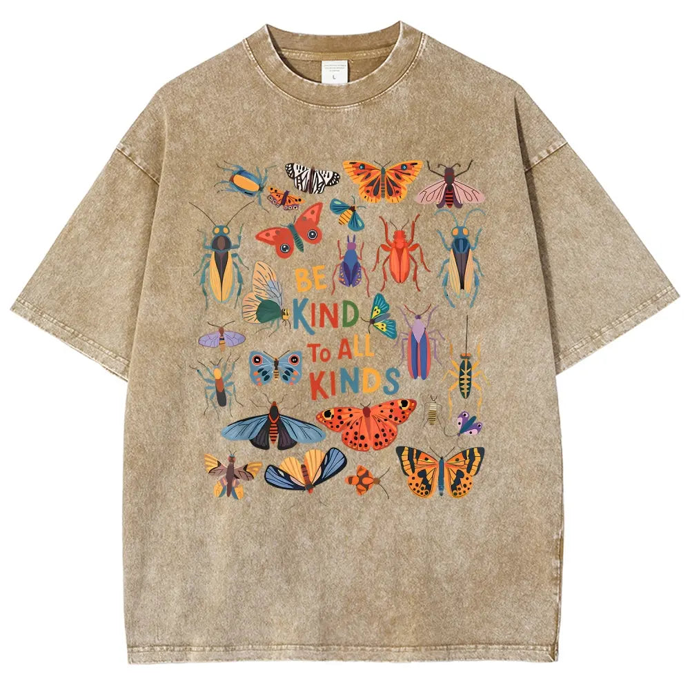 Men's Unisex Vintage 90s "Be Kind To All Kinds Insect Bugs" Graphic Top, Casual Fabric T-Shirt, Oversized Streetwear Vacation Outfit