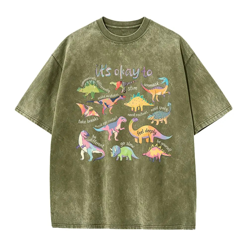 Women's Fitted Short-Sleeve Autism Awareness T-Shirt - Smooth, Seamless Fabric, Vibrant Graphics, "It’s Ok To Be Different" Dinosaur Design, Neurodiversity Gift for SPED Teachers