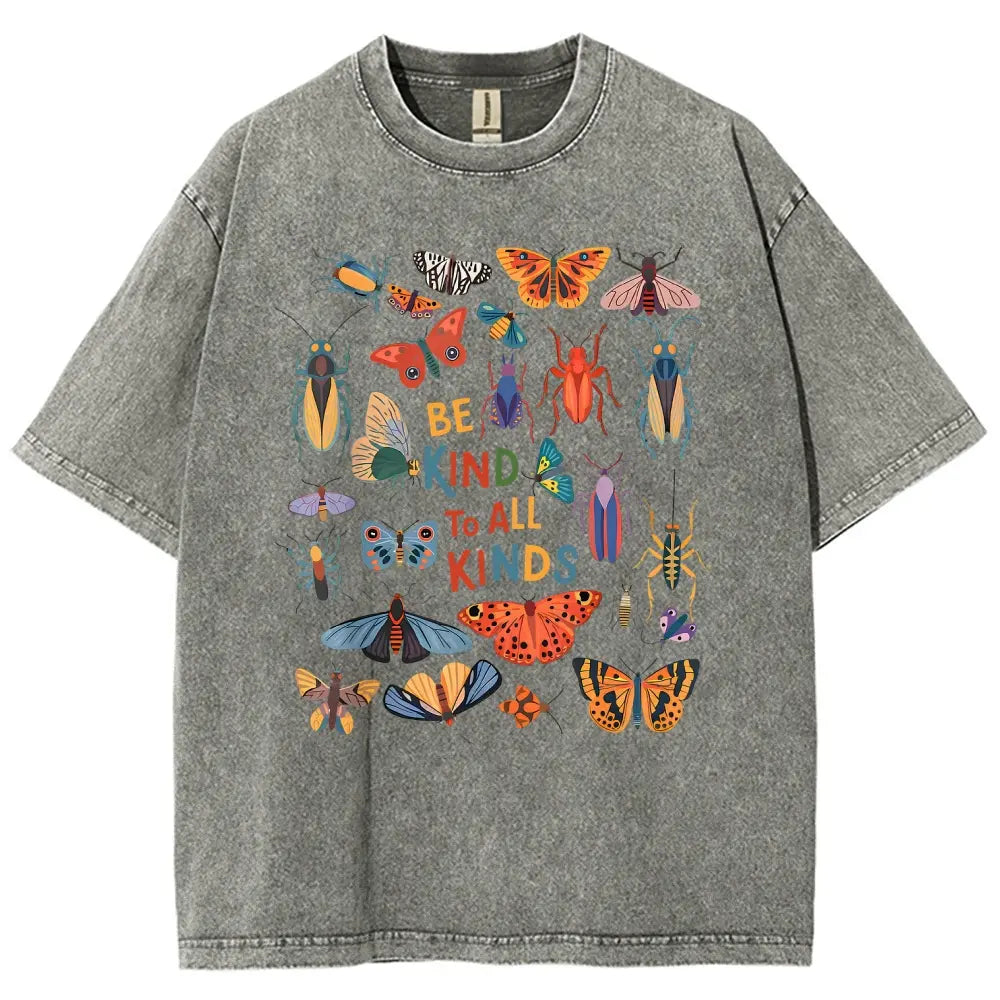 Men's Unisex Vintage 90s "Be Kind To All Kinds Insect Bugs" Graphic Top, Casual Fabric T-Shirt, Oversized Streetwear Vacation Outfit