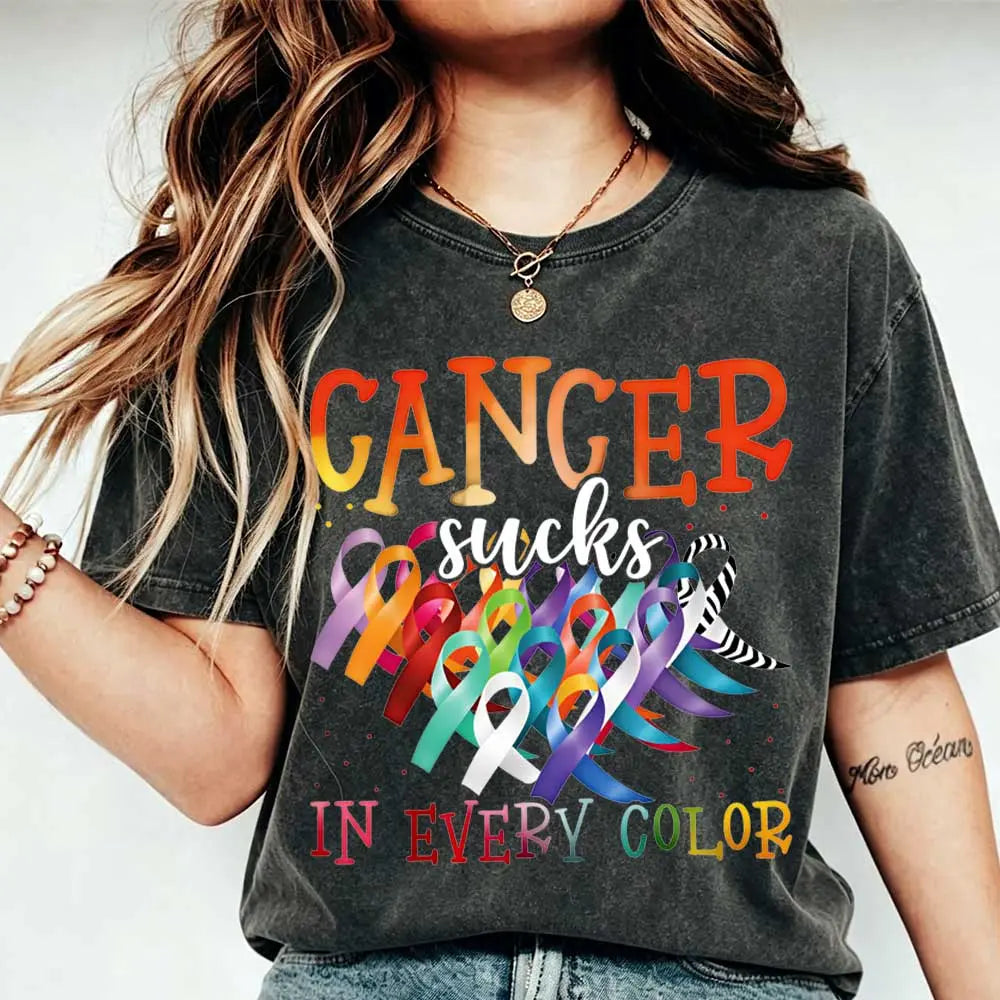 Cancer Sucks In Every Color Ribbon Awareness Print T Shirt Women Casual Short Sleeve Top