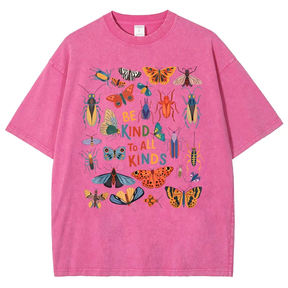 Men's Unisex Vintage 90s "Be Kind To All Kinds Insect Bugs" Graphic Top, Casual Fabric T-Shirt, Oversized Streetwear Vacation Outfit