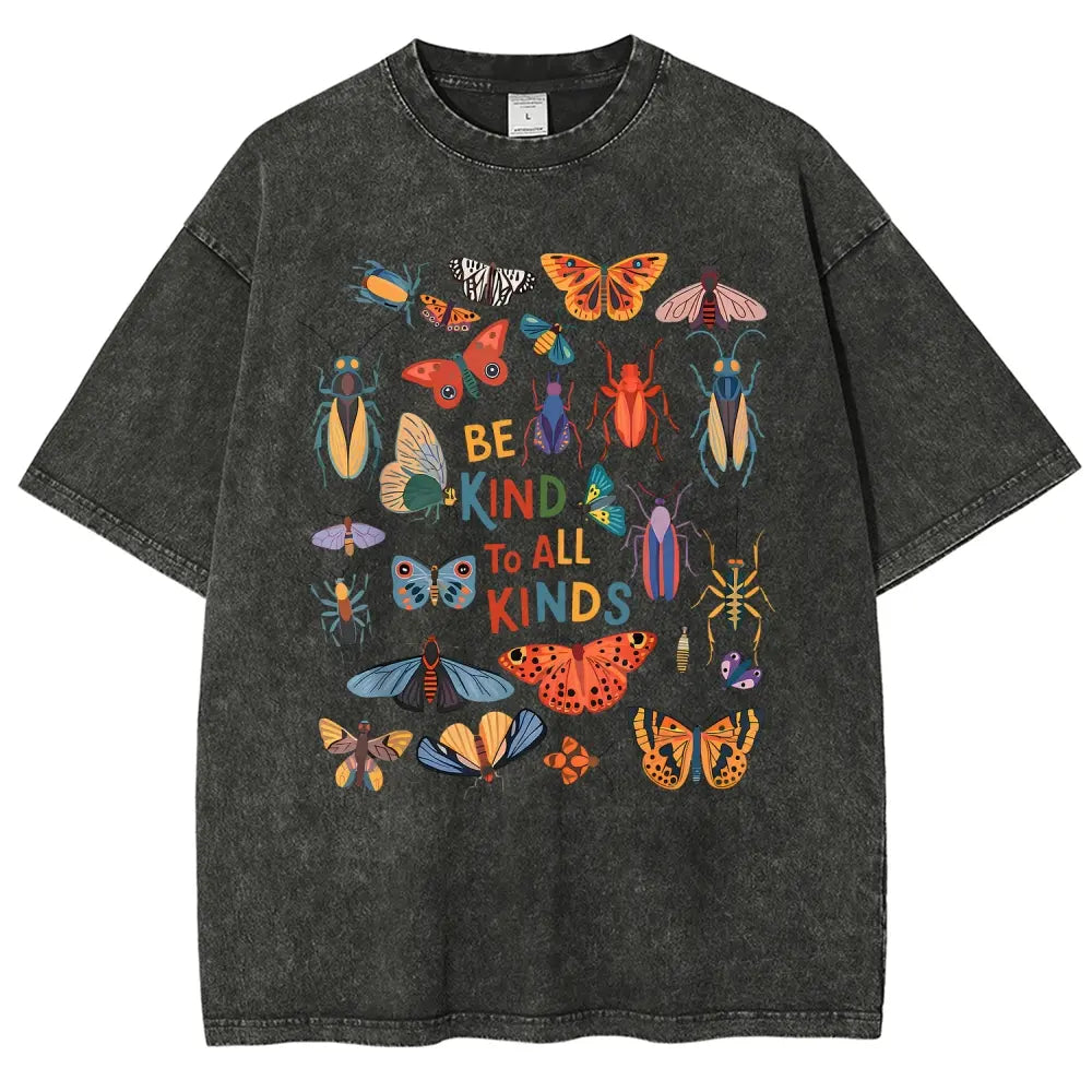 Men's Unisex Vintage 90s "Be Kind To All Kinds Insect Bugs" Graphic Top, Casual Fabric T-Shirt, Oversized Streetwear Vacation Outfit