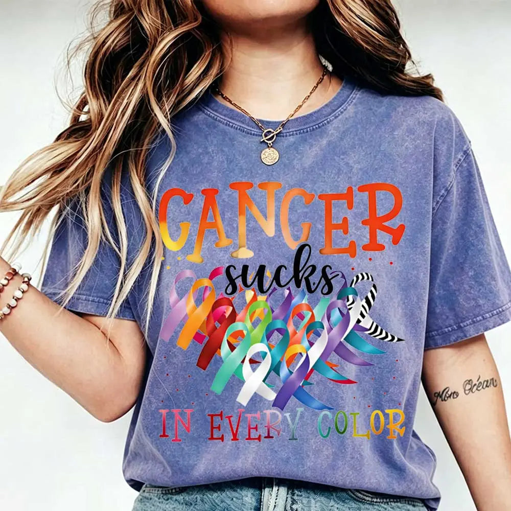 Cancer Sucks In Every Color Ribbon Awareness Print T Shirt Women Casual Short Sleeve Top