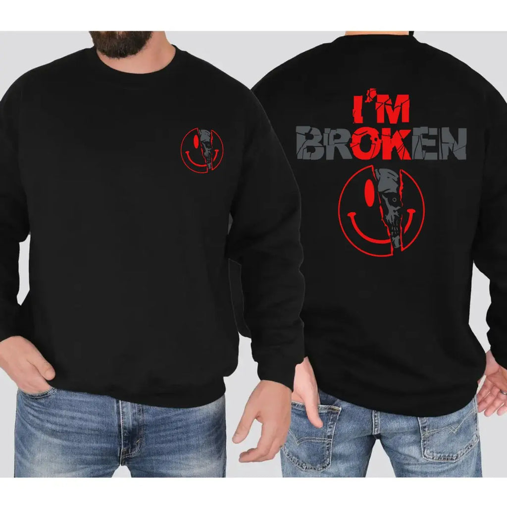 Unisex Cotton Graphic Round Neck Sweatshirt - 2-Sided 'I'm Broken' Smile Face Digital Print, Loose-Fitting T-Shirt, Long Sleeve Sporty Chic Garment, Customized All-Season Casual Streetwear, Machine Washable