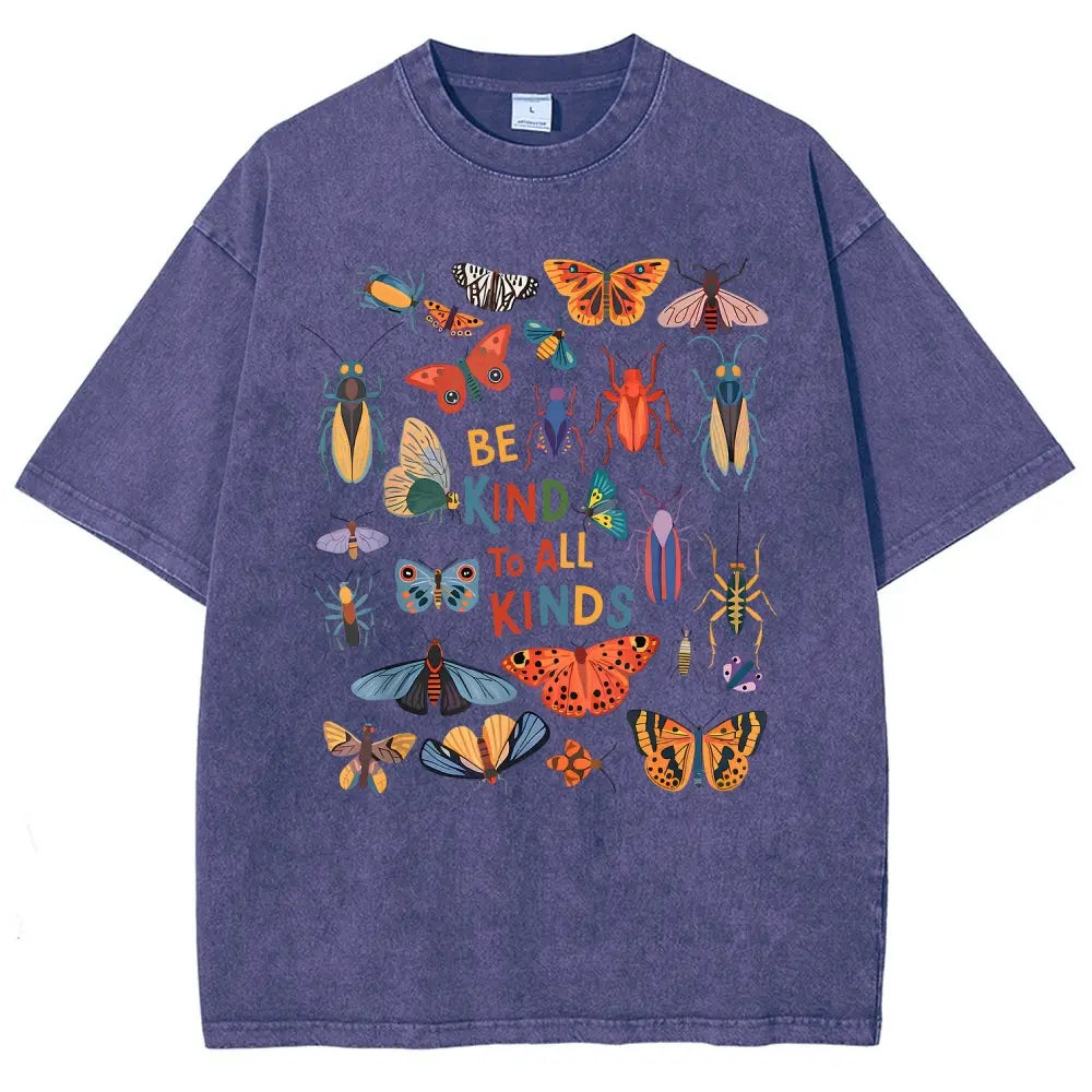 Men's Unisex Vintage 90s "Be Kind To All Kinds Insect Bugs" Graphic Top, Casual Fabric T-Shirt, Oversized Streetwear Vacation Outfit