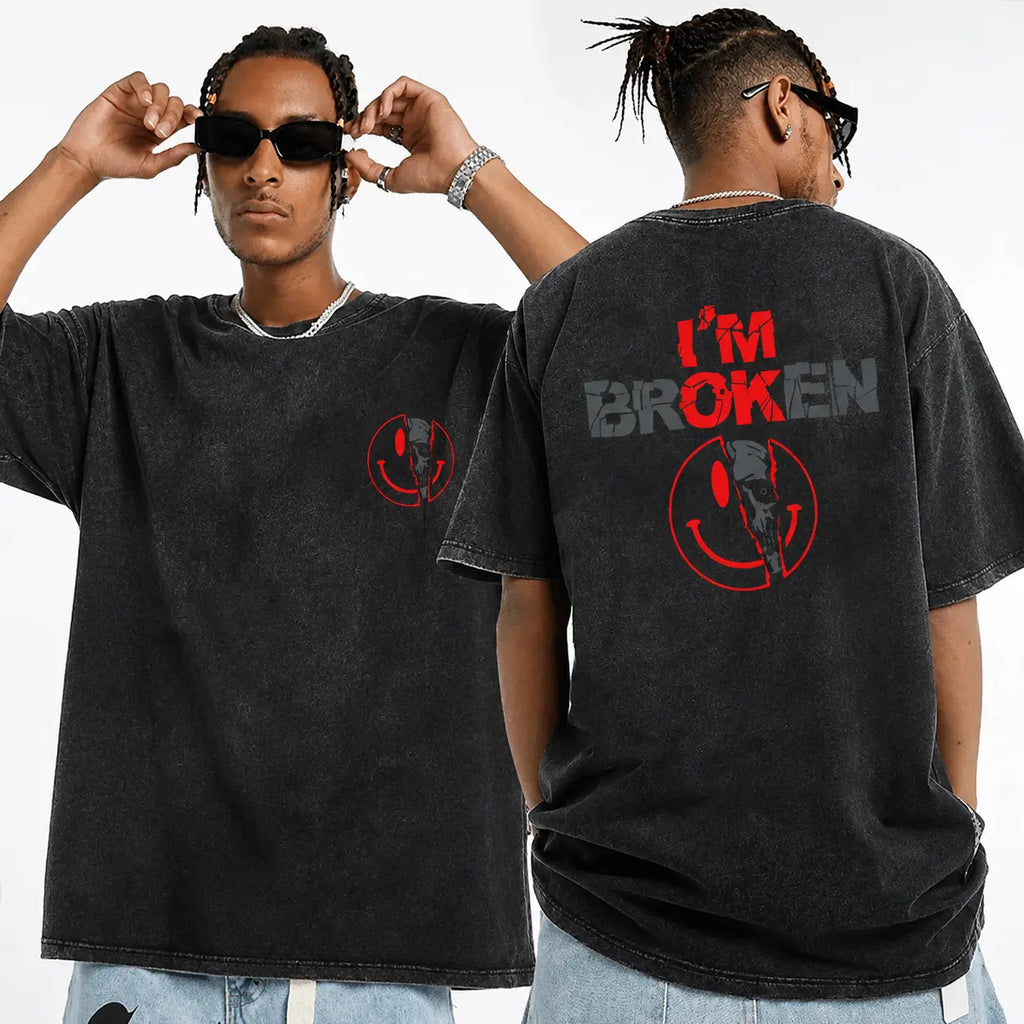 Unisex Cotton Graphic Round Neck Sweatshirt - 2-Sided 'I'm Broken' Smile Face Digital Print, Loose-Fitting T-Shirt, Long Sleeve Sporty Chic Garment, Customized All-Season Casual Streetwear, Machine Washable