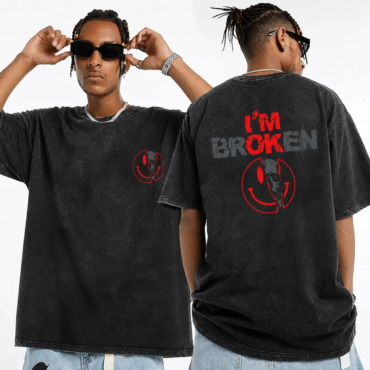 Unisex Cotton Graphic Round Neck Sweatshirt - 2-Sided 'I'm Broken' Smile Face Digital Print, Loose-Fitting T-Shirt, Long Sleeve Sporty Chic Garment, Customized All-Season Casual Streetwear, Machine Washable
