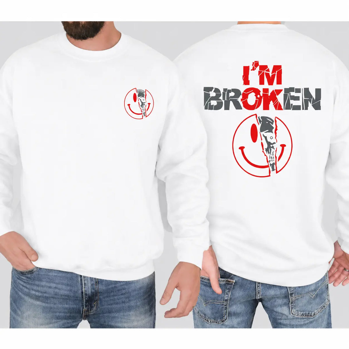 Unisex Cotton Graphic Round Neck Sweatshirt - 2-Sided 'I'm Broken' Smile Face Digital Print, Loose-Fitting T-Shirt, Long Sleeve Sporty Chic Garment, Customized All-Season Casual Streetwear, Machine Washable