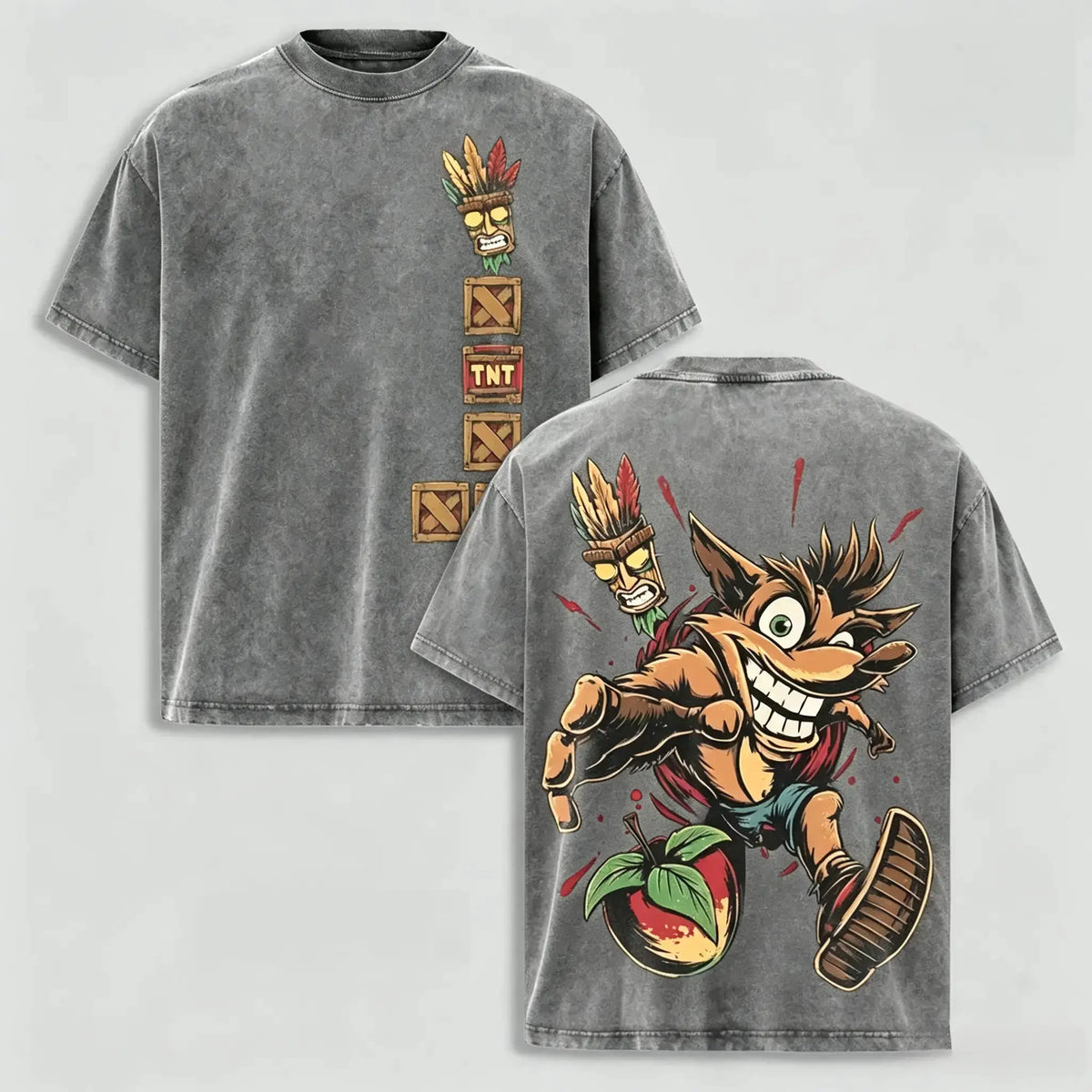 Men's Vintage 90s Crash Bandicoot Oversized Heavy Cotton Shortsleeve Tee - Aku Aku Mask Cartoon Print, Trendy Graphic Shirts, Retro Platform Game Streetwear, All Season Top for Gaming Fans