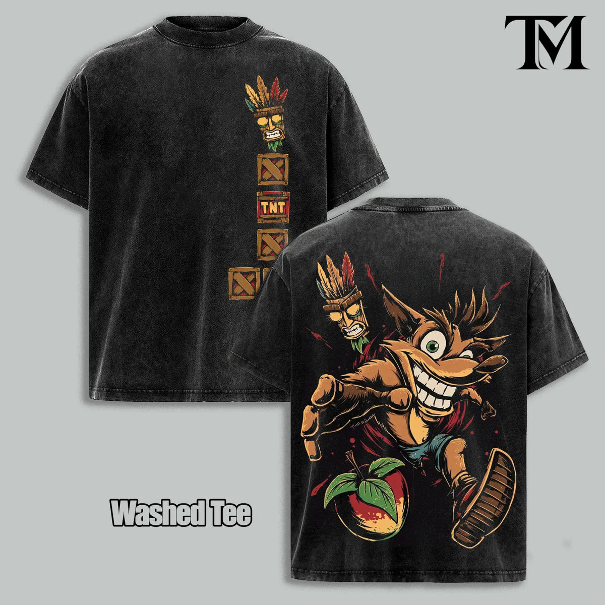 Men's Vintage 90s Crash Bandicoot Oversized Heavy Cotton Shortsleeve Tee - Aku Aku Mask Cartoon Print, Trendy Graphic Shirts, Retro Platform Game Streetwear, All Season Top for Gaming Fans