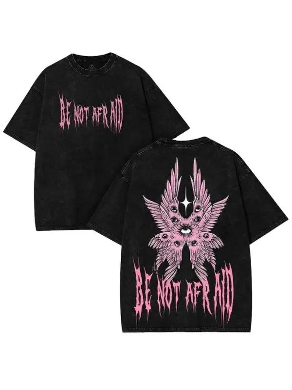 Back to School Men's Gothic Unisex Short-Sleeve 100% Cotton T-Shirt, 'Be Not Afraid' Printed Wings, Loose Distressed Baggy Oversized Casual Menswear, Alt Clothes Retro Streetwear Top, Whimsical Festive Father's Day Pick, Tshirt, Shortsleeve