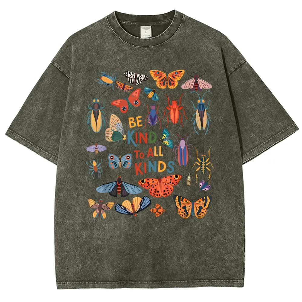 Men's Unisex Vintage 90s "Be Kind To All Kinds Insect Bugs" Graphic Top, Casual Fabric T-Shirt, Oversized Streetwear Vacation Outfit